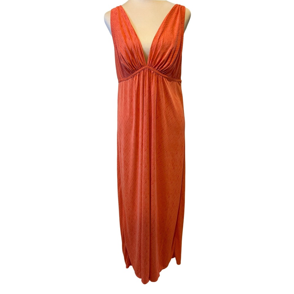 Natori Maxi Dress Size S Orange V-Neck Empire Waist Sleeveless Resort Snakeskin